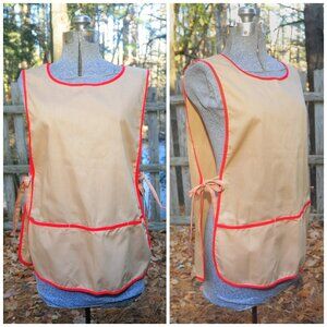 VTG 70's Taupe & Red Cotton Smock Apron NWOT w/ 3 Front Pockets & Side Ties